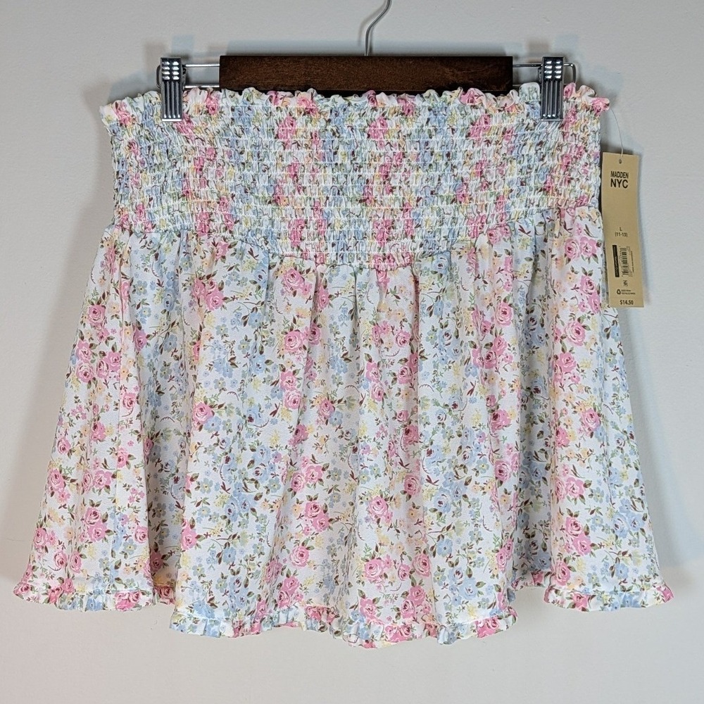 Madden NYC Floral Smocked Mini Skirt Pink Blue White Ruffle Lrg NWT Cottagecore